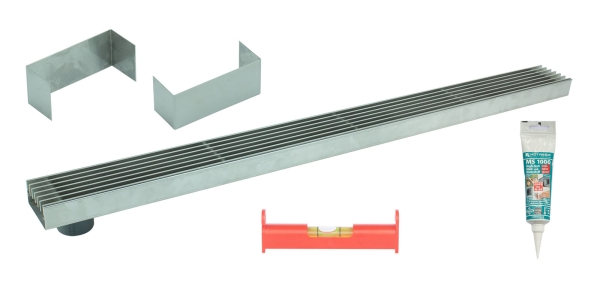 Entwässerungsrinne Edelstahl 1 Meter superflach mit Ablaufstutzen Rost Längsstabrost SET Typ 1, System 35/80